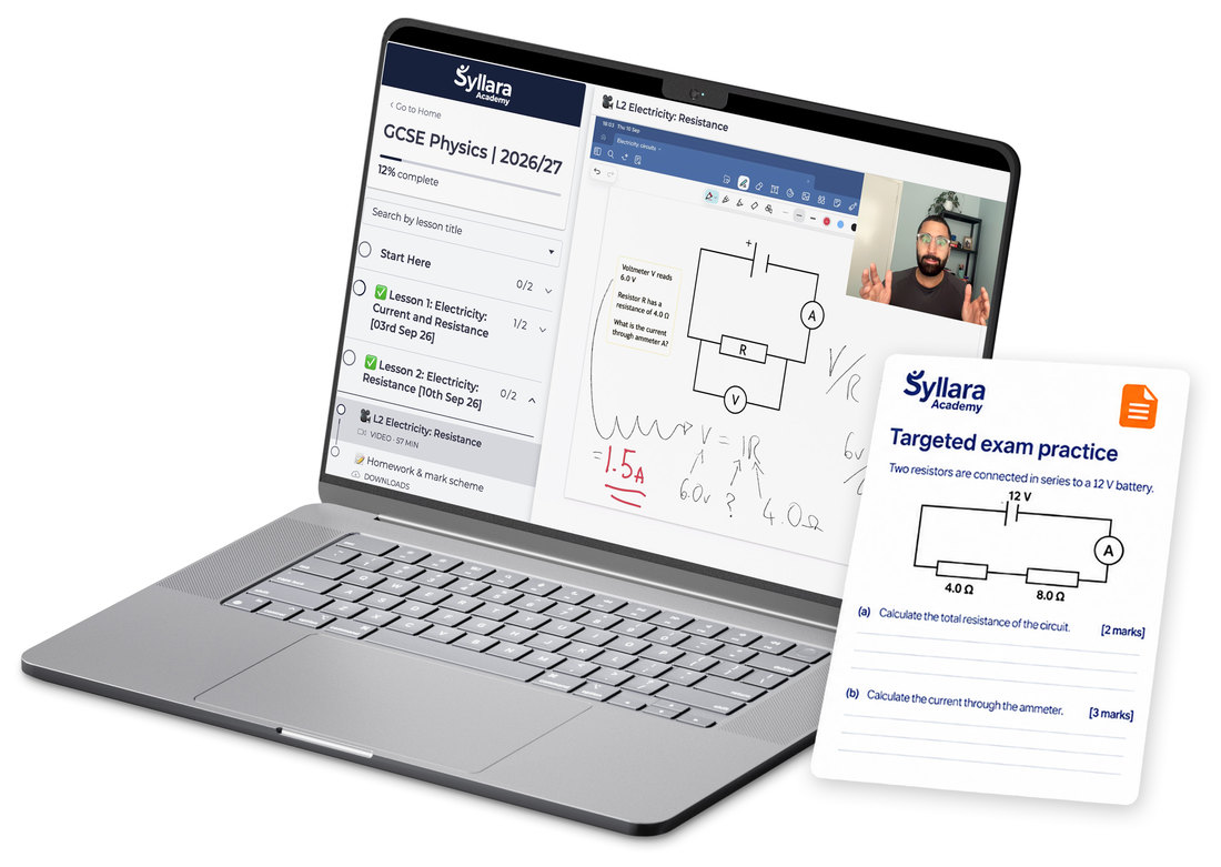 The Syllara Academy learning platform on a laptop during a live GCSE Physics lesson, beside a targeted exam practice worksheet
